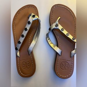Tory Burch Sliver and Brown Flip Flops! Size 6